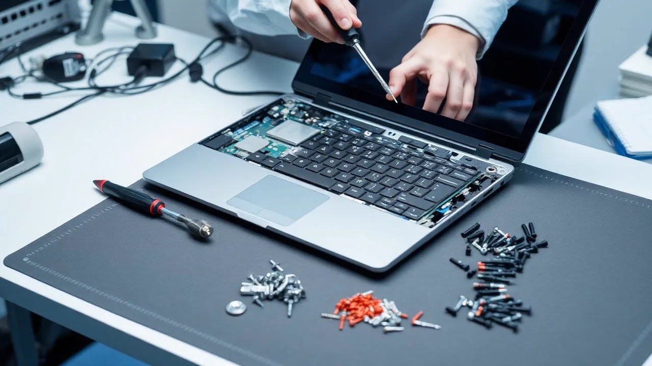 Notebook aberto em bancada com teclado removido, placa-mãe exposta e parafusos organizados durante o reparo