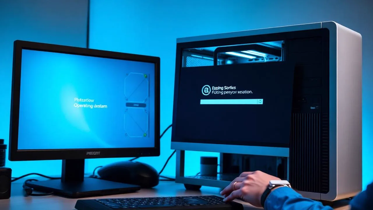 Bancada técnica com computador em varredura de segurança e monitor exibindo o progresso da análise do sistema