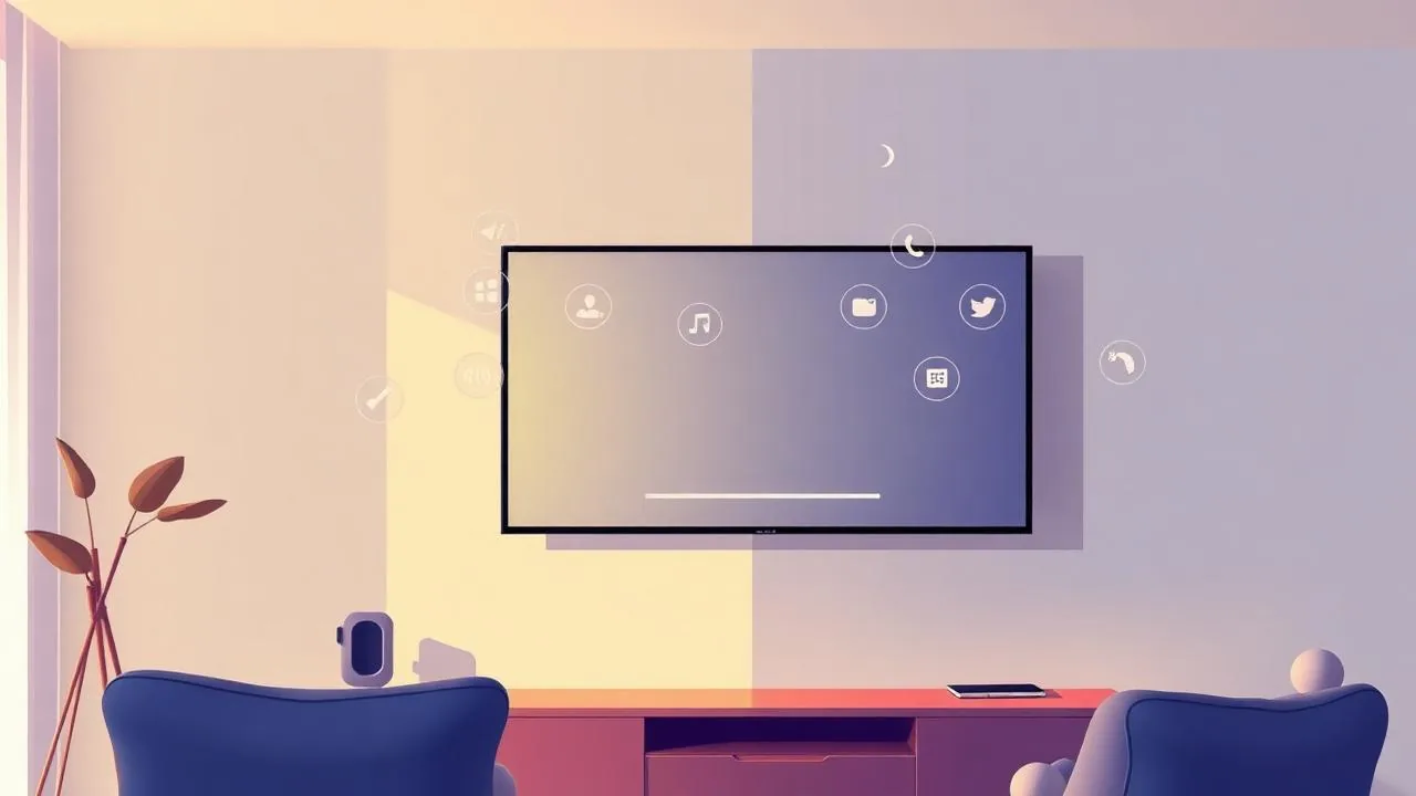 Ilustração de Smart TV na sala com ícones genéricos de aplicativos carregando corretamente