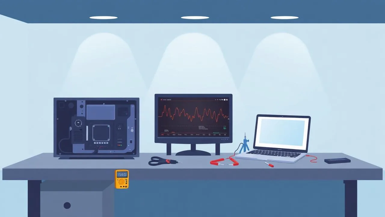 Ilustração de bancada técnica com Smart TV desmontada, multímetro e laptop mostrando diagnóstico