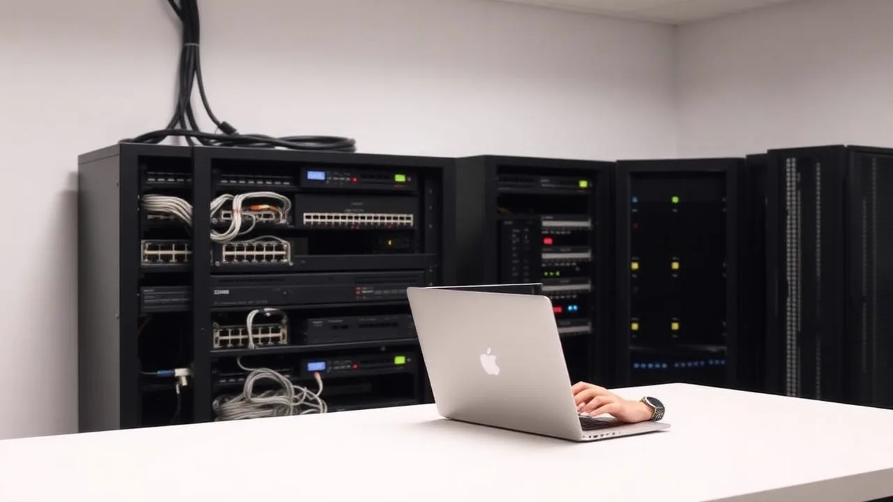 Técnico realizando sessão de suporte remoto em notebook, com rack de rede e switches ao fundo em ambiente corporativo