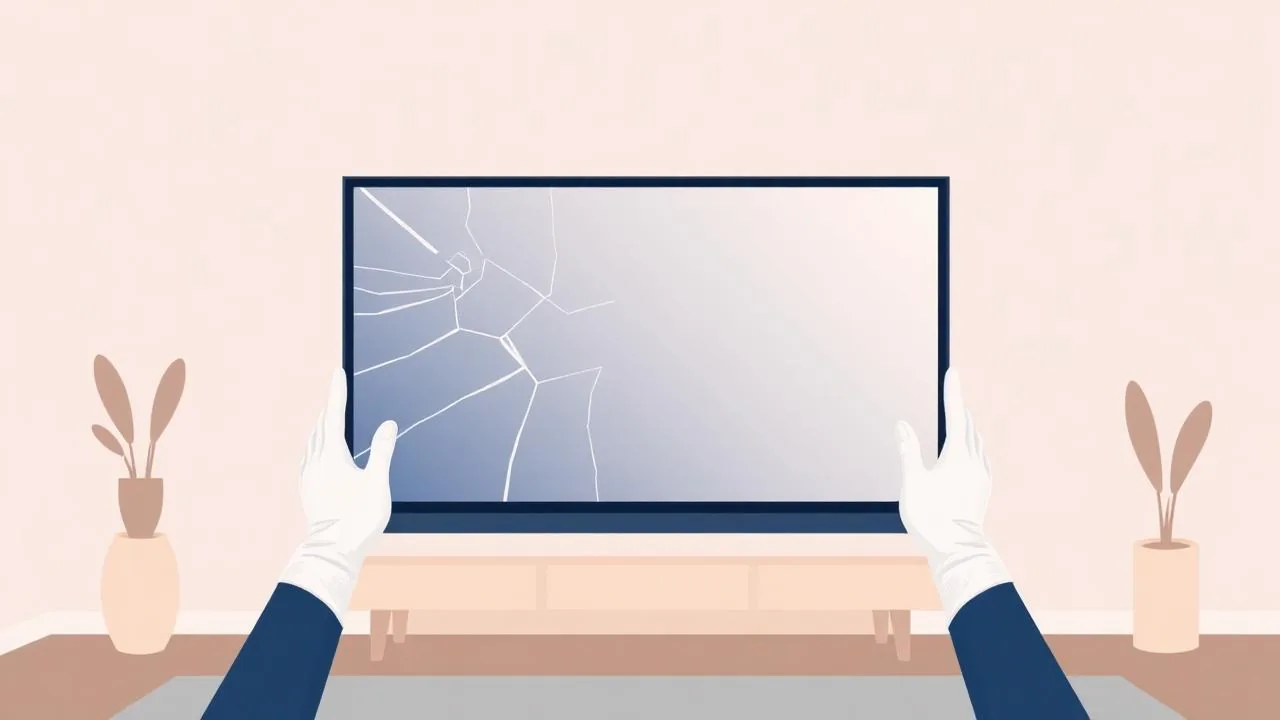 Ilustração de mãos com luvas embalando TV com tela trincada em espuma protetora para coleta