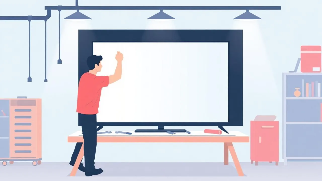 Ilustração de técnico substituindo o painel de LCD de uma TV grande em bancada preparada