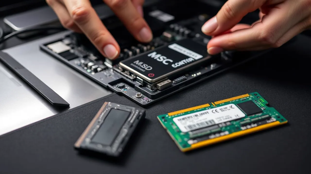 Instalação de SSD NVMe M.2 na placa-mãe de um notebook, com módulos de memória RAM sobre a manta antiestática