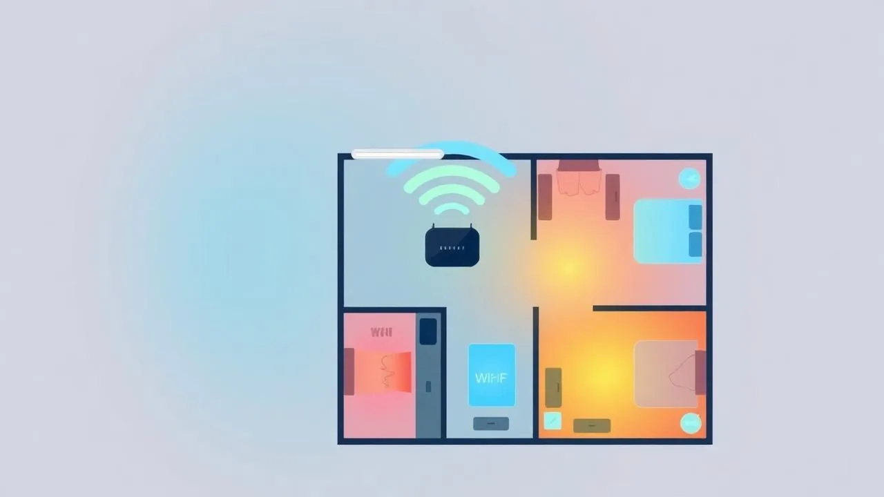 Ilustração de planta baixa de residência com mapa de calor de sinal de Wi-Fi por cômodo