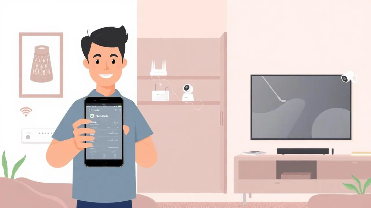 Ilustração de técnico configurando sistema mesh Wi-Fi integrado a TV e câmera de segurança
